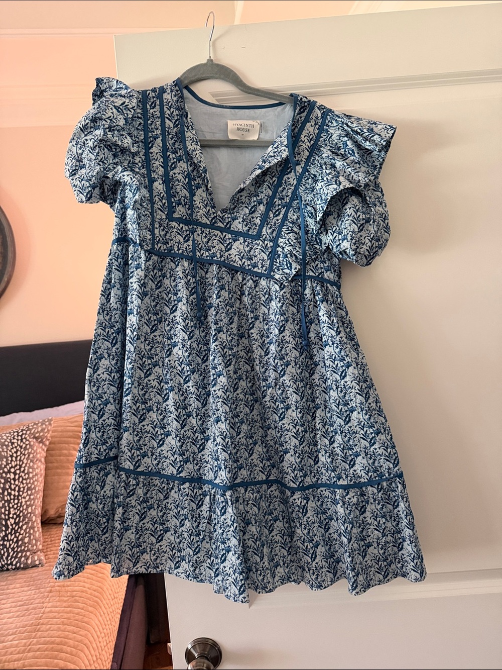 Blue Floral Tiered Mini Dress with Puff Sleeves by Xirena